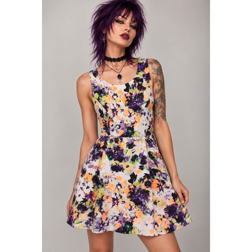 Maeve Anthropologie Fit Flare Dress Floral Neon Sleeveless Size 8